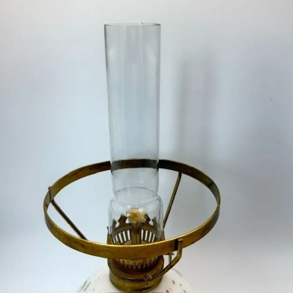 Antique Miniature GWTW Oil Lamp Base White Milk Glass Pink Roses 5 inch Japan